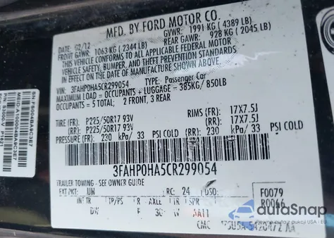 2012 Ford Fusion Se from USA, damaged, VIN 3FAHP0HA5CR299054